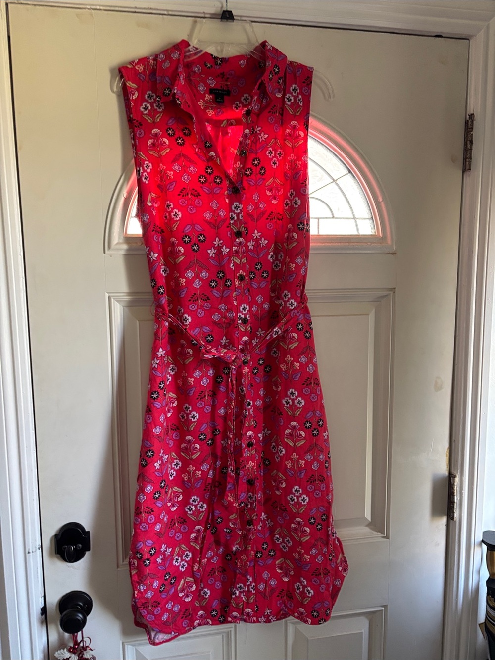 Ann Taylor Bright Red Floral Tie-Waist Midi Dress